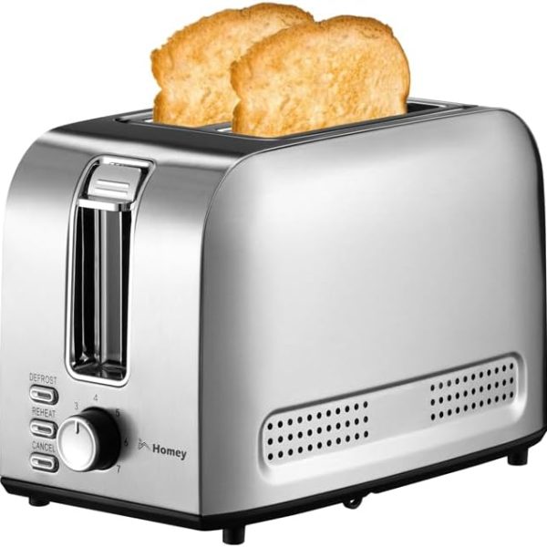 تستر Homey Stainless Steel 2-Slice Toaster - Reheat, Cancel, Defrost Functions - Adjustable Browning Control - Easy Cleaning, Cord