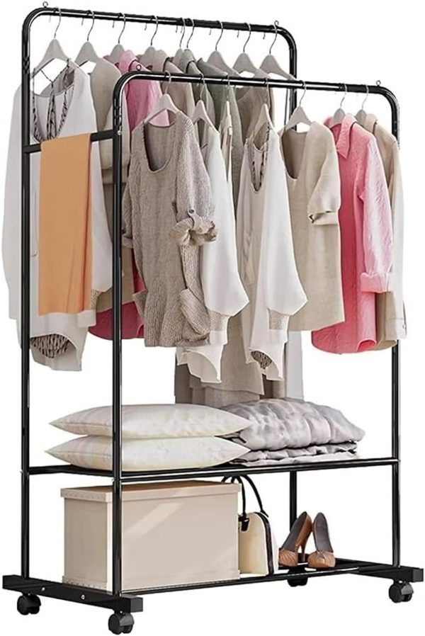 رگال medla Double Hanging Clothes Rack: Metal Clothing Rail with Wheels Open Wardrobe Clothes Rack Portable Rolling Garment Hanger with Shelf Clothing Drying Organizer Heavy Duty Coat Stand Rod Black