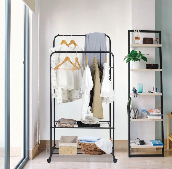 رگال medla Double Hanging Clothes Rack: Metal Clothing Rail with Wheels Open Wardrobe Clothes Rack Portable Rolling Garment Hanger with Shelf Clothing Drying Organizer Heavy Duty Coat Stand Rod Black - تصویر 4