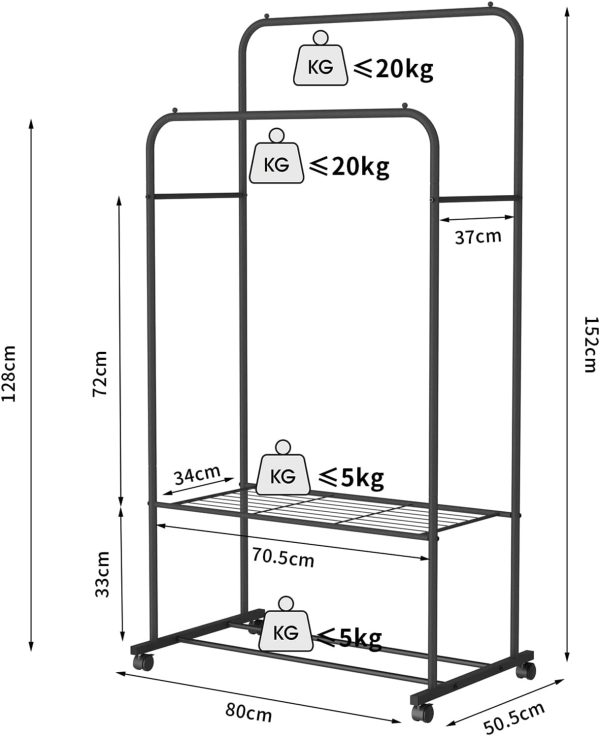 رگال medla Double Hanging Clothes Rack: Metal Clothing Rail with Wheels Open Wardrobe Clothes Rack Portable Rolling Garment Hanger with Shelf Clothing Drying Organizer Heavy Duty Coat Stand Rod Black - تصویر 3