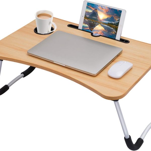 پایه لپ تاپ Sky-Touch Portable Folding bed Table, Laptop Desk With ipad and Cup Holder Adjustable Lap Tray Notebook Stand,Foldable Non-slip Legs Reading Table Tray for working,studing,camping 60×40×28cm Beige