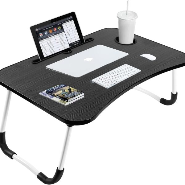 پایه لپ تاپ Sky-Touch Portable Folding Laptop Desk For Bed,With Ipad And Cup Holder Adjustable Lap Tray Notebook Stand, Foldable Non-Slip Legs Reading Table Tray For Working,Studying,Camping 60X40X28Cm Black