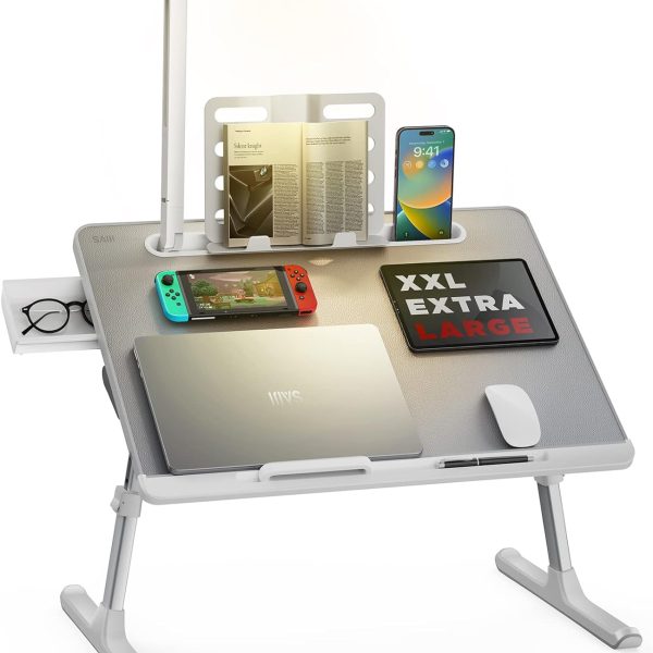 پایه لپ تاپ Laptop Bed Tray Desk with LED Desk Light, SAIJI Adjustable Laptop Stand for Bed, XX-Large PVC Leather Foldable Laptop Table with Book Stand, Wrist Rest, Extra Leg Room for Sofa Couch Floor (Gray)