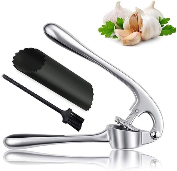 سیرله کن HOOTO Garlic Press with Silicone Peeler & Brush, Premium Garlic Mincer Tool with Ergonomic handle, Ginger Crusher with Good Grip, Easy to Use & Clean, Dishwasher Safe