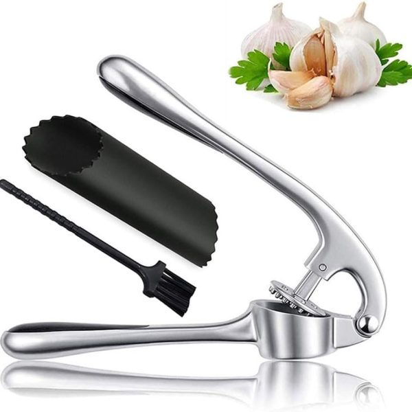 سیرله کن HOOTO Garlic Press with Silicone Peeler & Brush, Premium Garlic Mincer Tool with Ergonomic handle, Ginger Crusher with Good Grip, Easy to Use & Clean, Dishwasher Safe