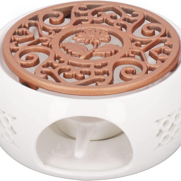 استند وارمر Ceramic Teapot Warmer, Tea Warmer for Glass Teapot, Ceramic Base Heating Tea Light Warmer, Heatproof Dish Warming Tools for Tea Kettles and Mugs, 5.8 X 2.4inch White